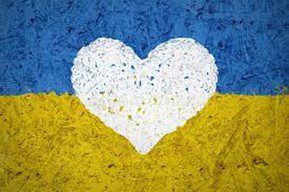 Ukrainian flag with a white hart over it.