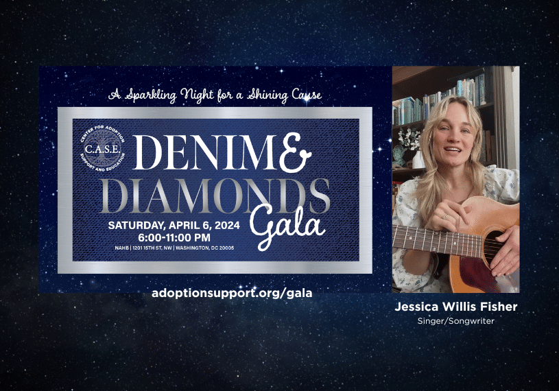 Jessica Willis Fisher headshot holding a guitar with details about C.A.S.E.'s Denim & Diamonds Gala, Saturday April 6, 2024.