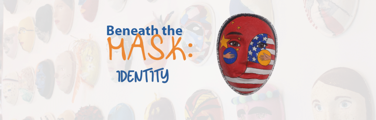 Beneath the Mask Identity, painted red mask with Chinese and American flags represented
