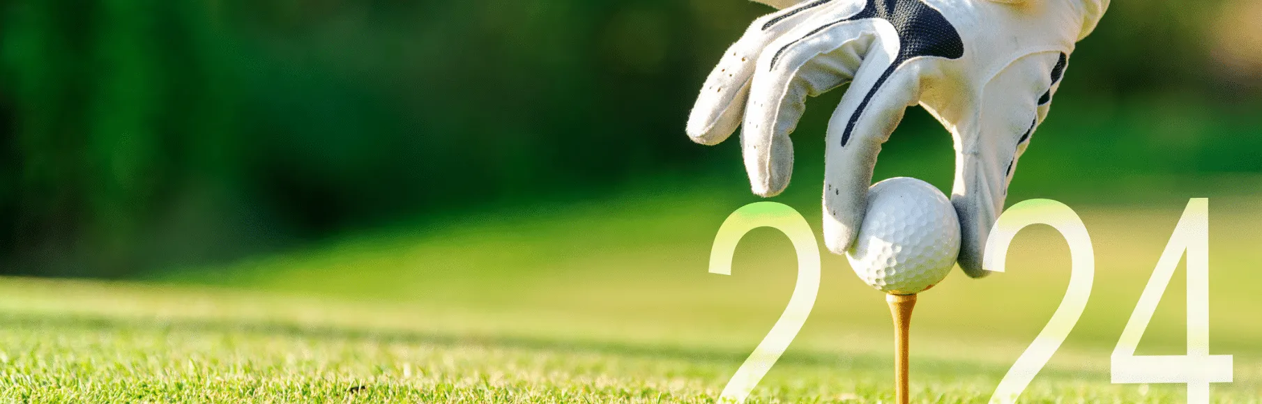 Image of person wearing golf glove on hand putting golf ball on golf tee, 2024 year shown