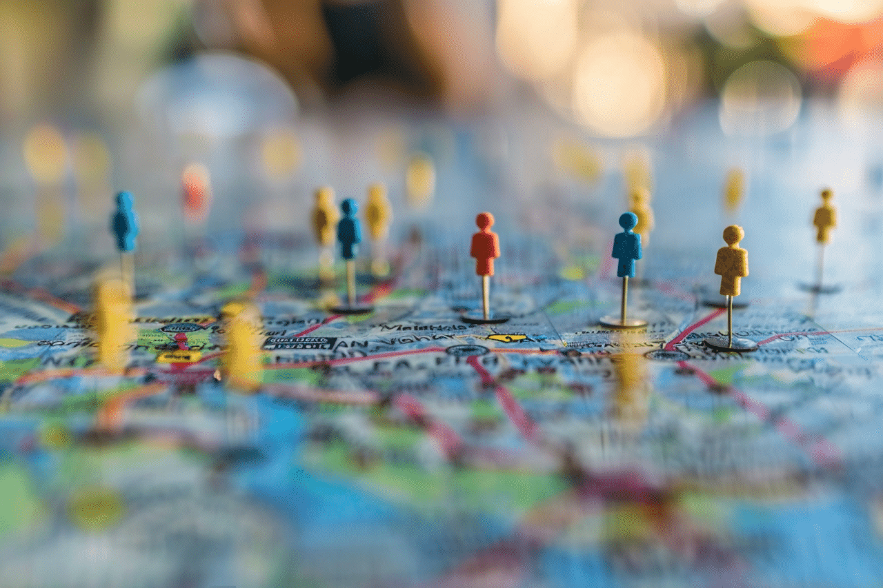 People pins on a world map