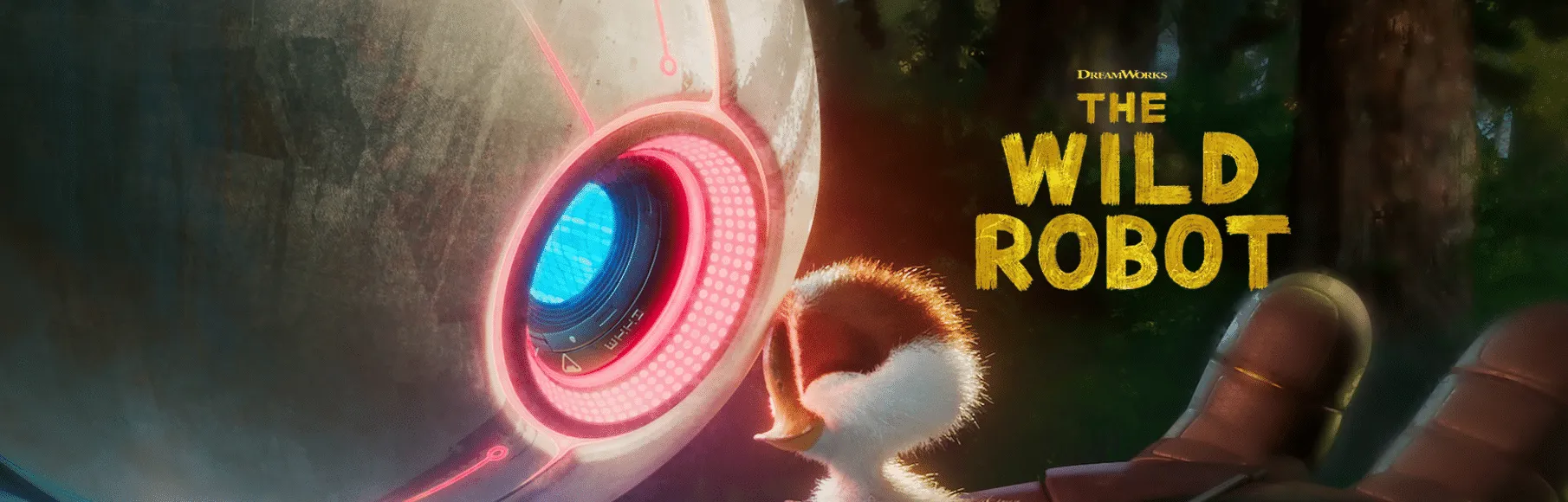 The Wild Robot, Roz, and gosling Brightbill face to face happy embrace