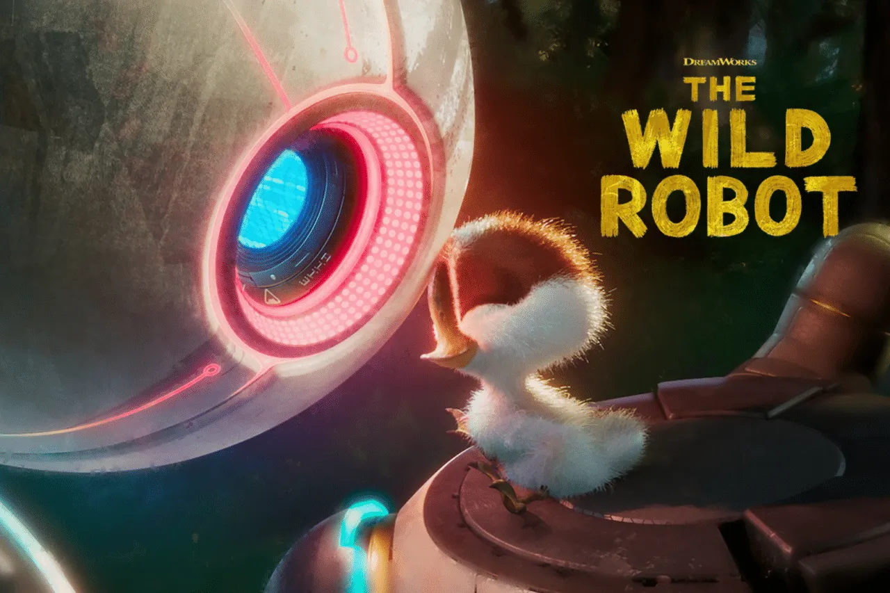 The Wild Robot, Roz, and gosling Brightbill face to face happy embrace