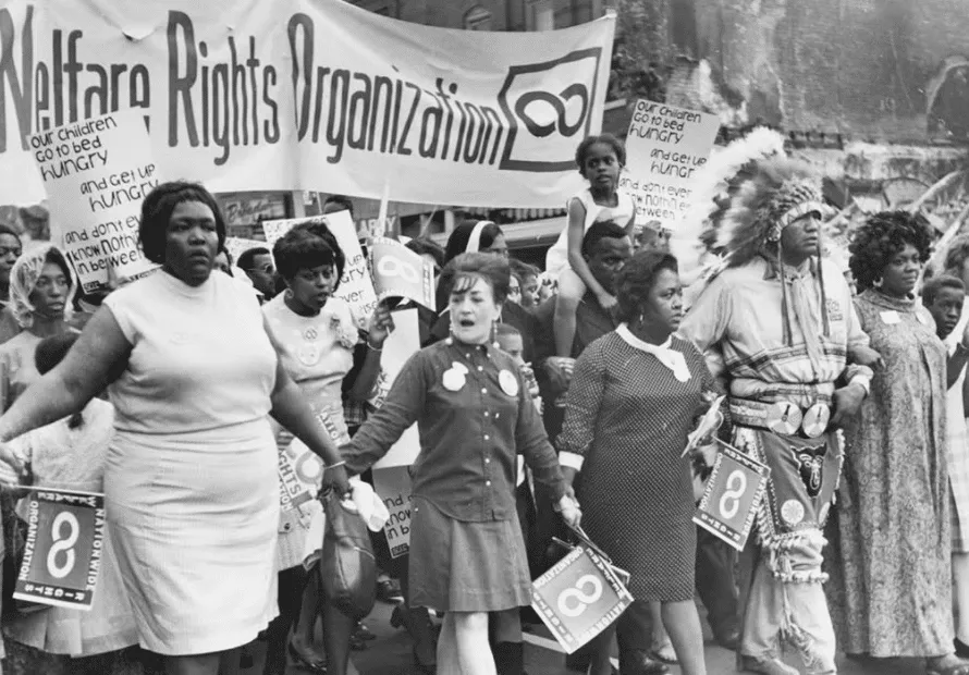 Black and white photo of women marching during the Welfare Rights Movement in 1968.