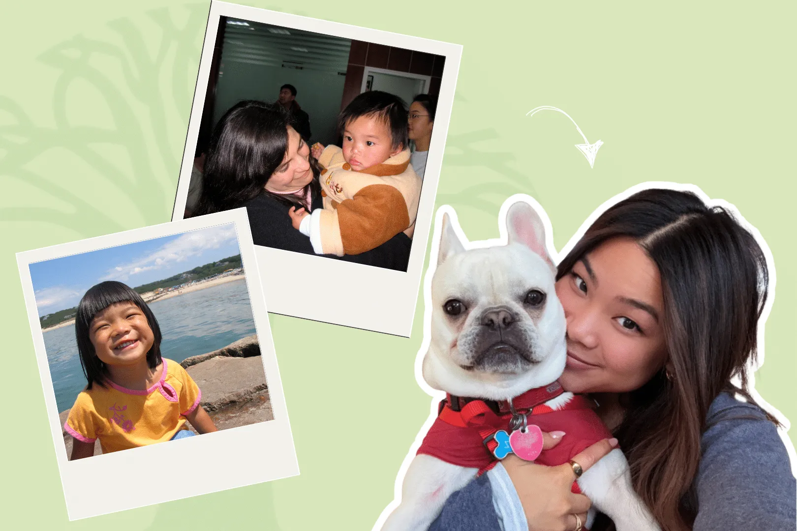 Polaroid photo of Zoe as a child and adult photo of Zoe holding Frenchie dog
